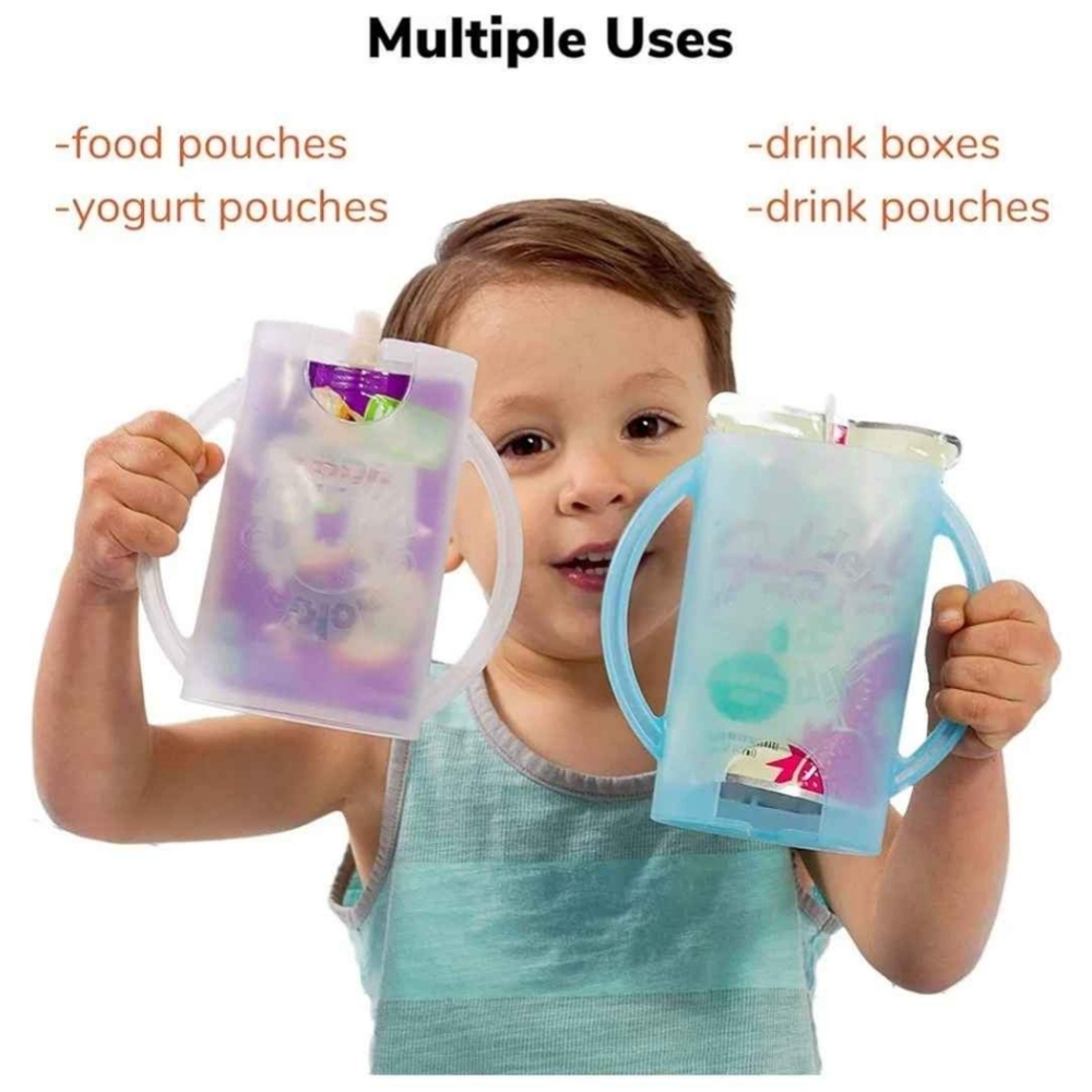 2 Pack Squeeze Proof Flipping Holder for Food Pouches & Juice Boxes Purple Blue